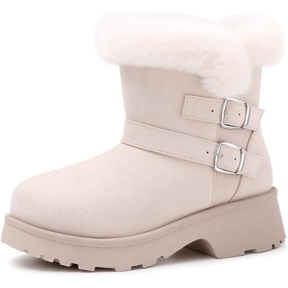 Women’s Furry Snow Boots Anti-Slip Platform Chunky Ankle Booties with Buckle
